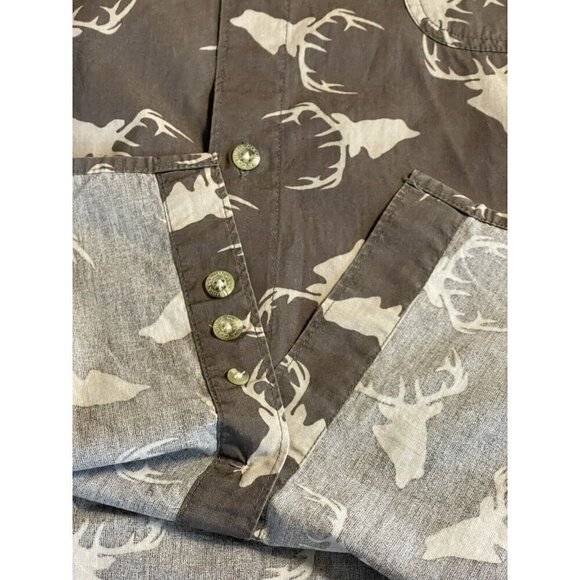 Columbia Hunting Lodge Mens Sz Large Button Down Shirt Overall Deer Print Brown - Picture 10 of 10